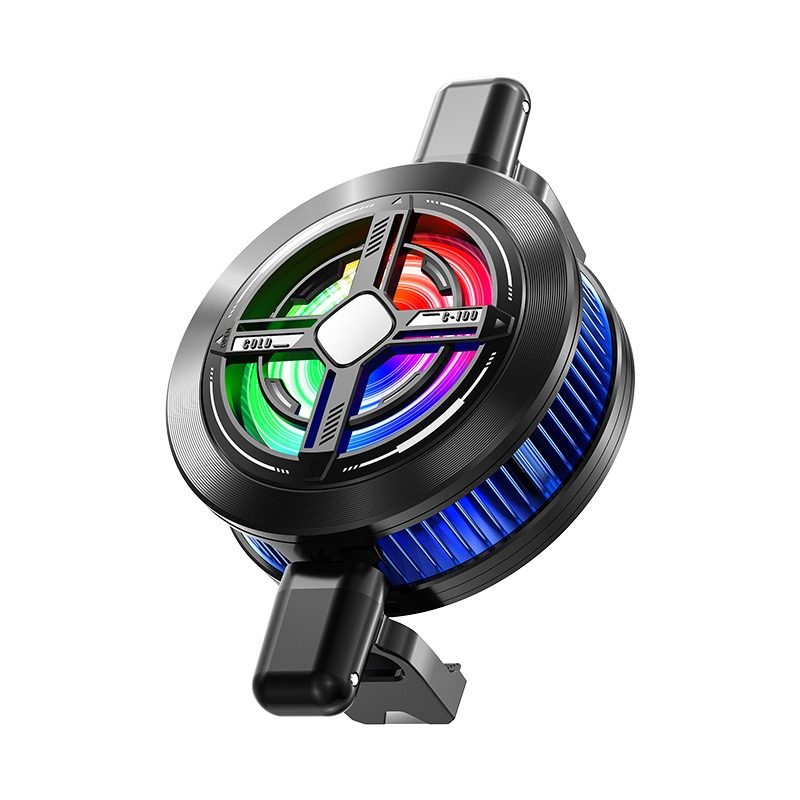 Clip-on RGB phone cooler in black with visible heat sink fins