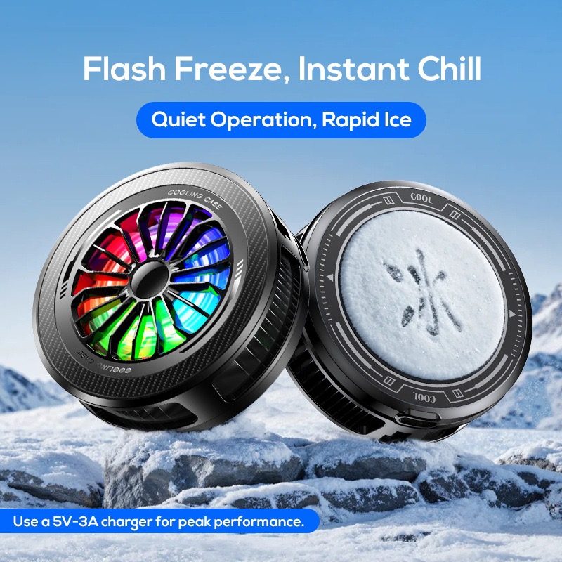 Phone cooler front RGB fan and frosted cooling plate side by side