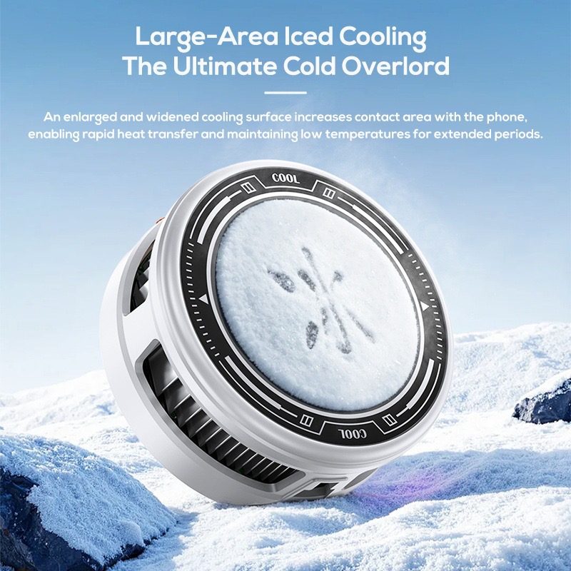 Large-area iced cooling plate of the phone cooler with frost in a snow scene