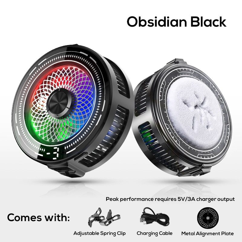 Obsidian Black phone cooler colorway with frost on the cooling plate
