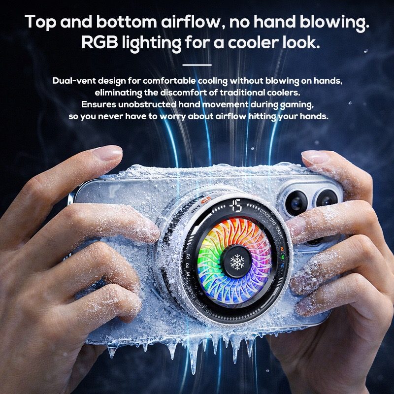 Two hands gaming on a frosted phone with the RGB cooler mounted, showing top and bottom airflow
