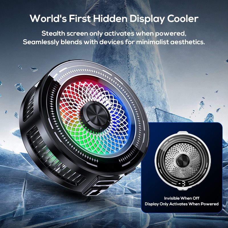 Hidden display phone cooler: the LED screen only activates when powered