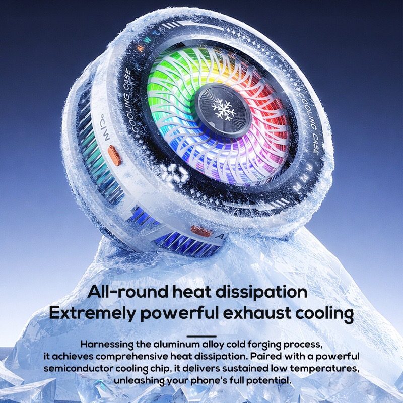 Phone cooler covered in frost on an iceberg — aluminum alloy heat dissipation render