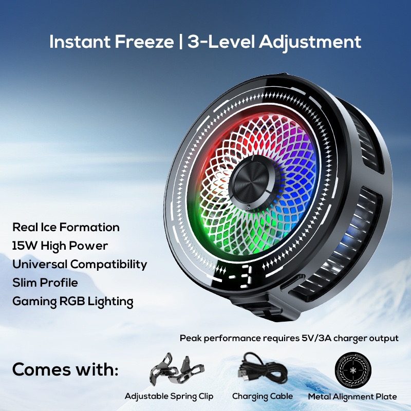 Black RGB phone cooler spec overview: instant freeze, 3-level adjustment, 15W