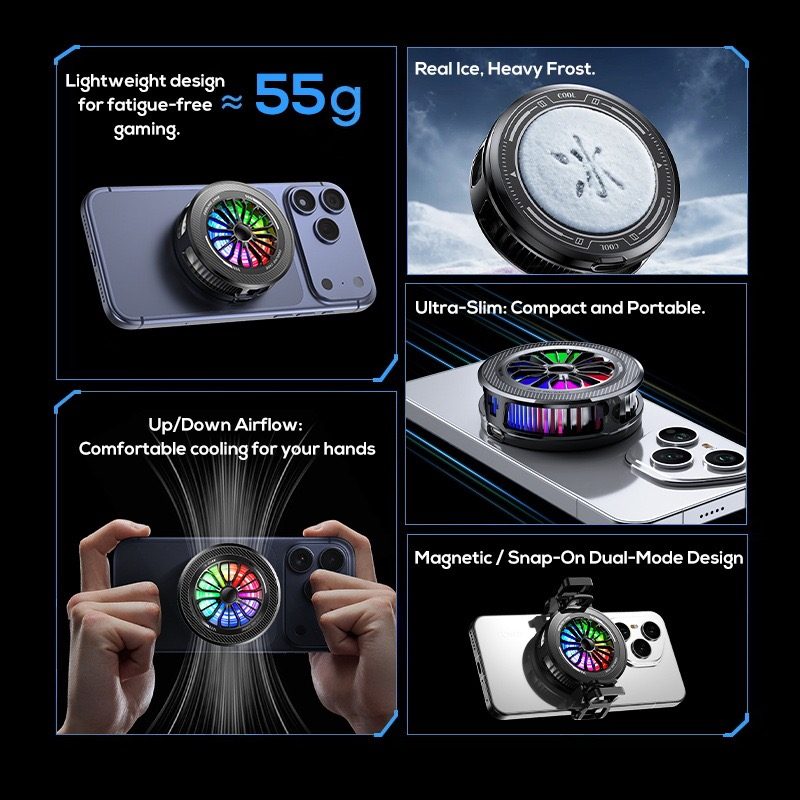 RGB phone cooler feature collage: approx 55 g lightweight, real frost, ultra slim, up and down airflow, magnetic snap-on dual mode