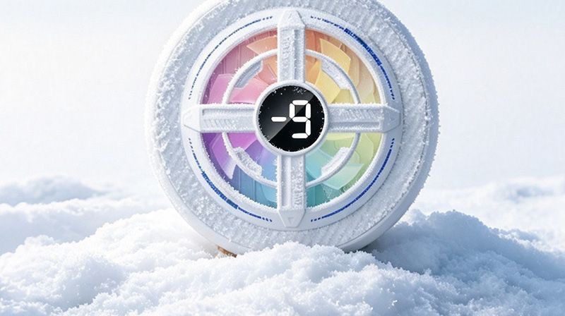 White RGB phone cooler with minus 9 degree display standing in snow