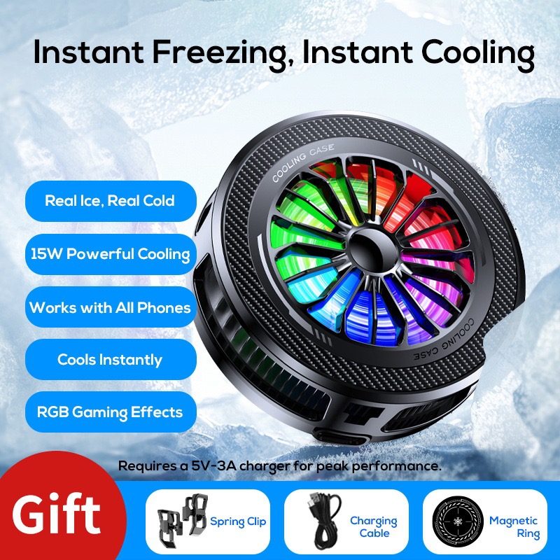 Phone cooler retail box contents: adjustable spring clip, charging cable and magnetic ring