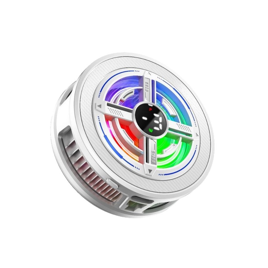 White RGB phone cooler with hidden temperature display showing minus 3 degrees