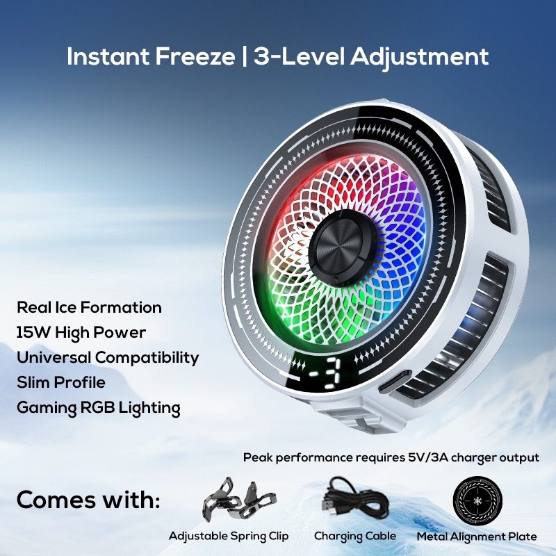 White RGB phone cooler spec overview: instant freeze, 3-level adjustment, 15W
