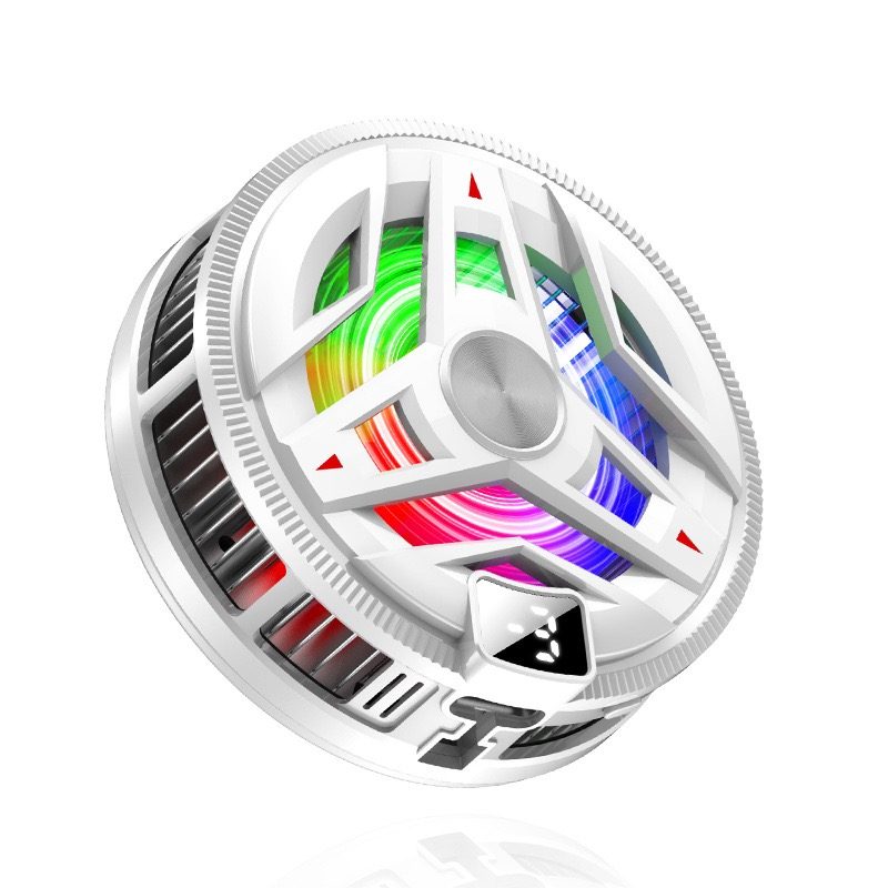 White RGB phone cooler at an angle showing the display