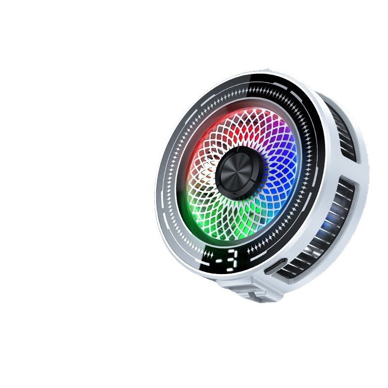 White RGB phone cooler front view with rainbow fan lighting